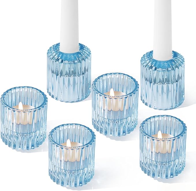 Reversible Blue Glass Candle Holder Set of 6, Thick Heat-Resistant Glass Candlestick Holders for Taper, Tealight, Votive, LED Candles, Perfect for Wedding, Party, Home Décor