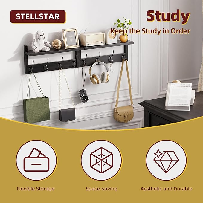 STELLSTAR Coat Rack with Shelf, 2 Pack Bamboo Wall-Mounted Coat Hanger with 8 Hooks for Entryway, Hallway, Kitchen, Bathroom, Living Room, Utility Room (Black)