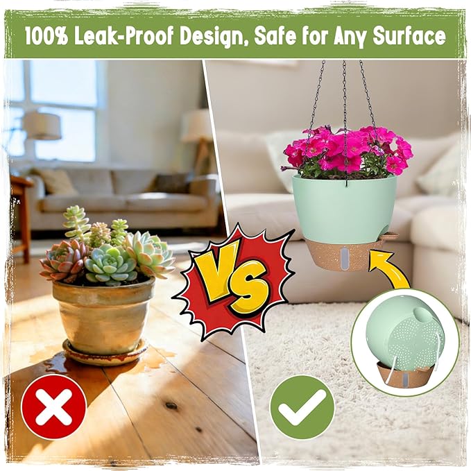 Self-Watering Hanging Planters with Water Level Window, 8/10 Inch Indoor Outdoor Hanging Plant Pots Includes Chain Hangers with Drainage Holes & Detachable Reservoir (Green, 8+10 inch)