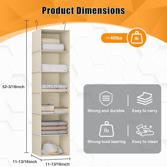 Hanging Closet Organizer, Easy Mount Foldable 6-Shelf Hanging Closet Wardrobe Storage Shelves, Clothes Handbag Shoes Accessories Storage, Washable Oxford Cloth Fabric, Beige