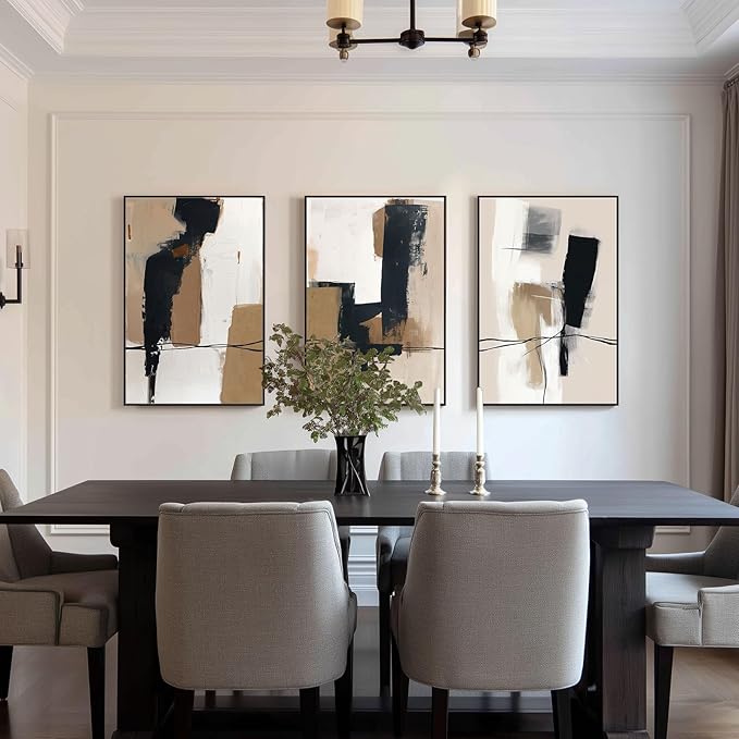 SAFERRYHOME Neutral Abstract Black and Tan Brown Wall Art Framed Canvas Prints, Mid-Century Minimalist Modern Decor Large Artwork for Living Room, Home Office, Dining Room - 3 Panels 24x36 Inch