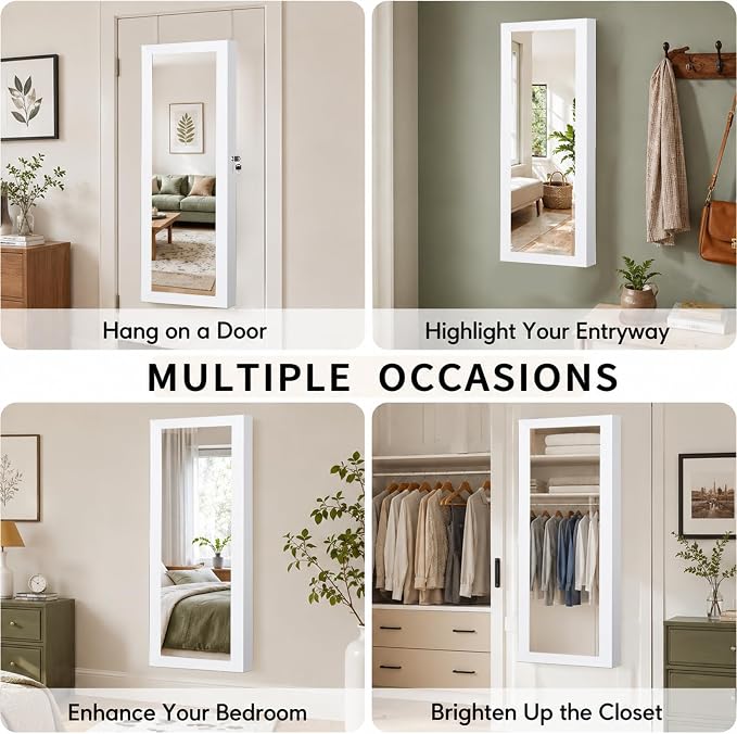 Over the Door Jewelry Organizer, Wall Mounted Jewelry Cabinet, Hanging Mirror with Storage Box, Wall/Door Mounted Full Length Mirror with LED