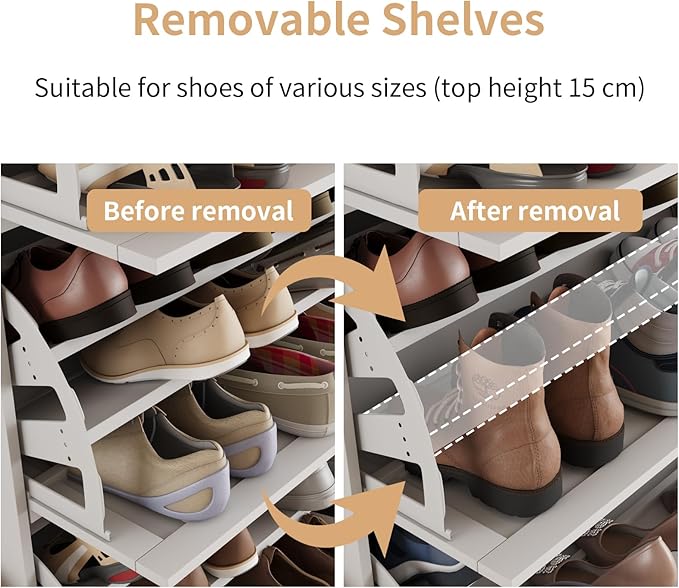 VOWNER Shoe Cabinet with 2 Flip Drawers, Shoe Storage Cabinet with 3-Tier Shoe Rack & Adjustable Shelves, Shoe Organizer for Entryway, Hallway, White