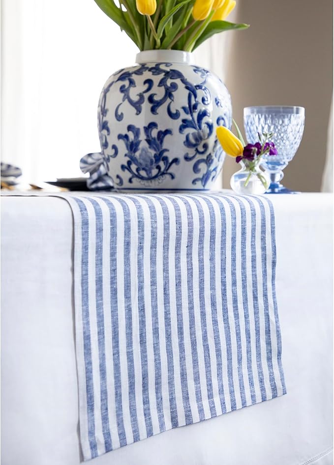 Solino Home Linen Table Runner 36 Inches - Amalfi Stripe 100% Pure Linen Navy and White Table Runner 14 x 36 Inch Ideal for Dresser and Coffee Tables - Summer, 4th of July