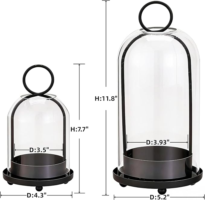 Candle Holders Set of 2,Versatile Farmhouse Black Metal Hurricane Pillar Candle Pedestal Holders with Handmade Sturdy Glass Dome,Candlesticks Holders for Pillar Candle & Plants, Seasons décor(Black)