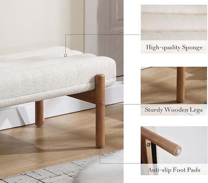 EALSON 47 Inch Entryway Bench Fabric Upholstered End of Bed Bench Modern Bedroom Bench with Cylindrical Cushion and Solid Wood Frame Comfy Chenille Long Ottoman Bench for Bedroom Living Room, Beige