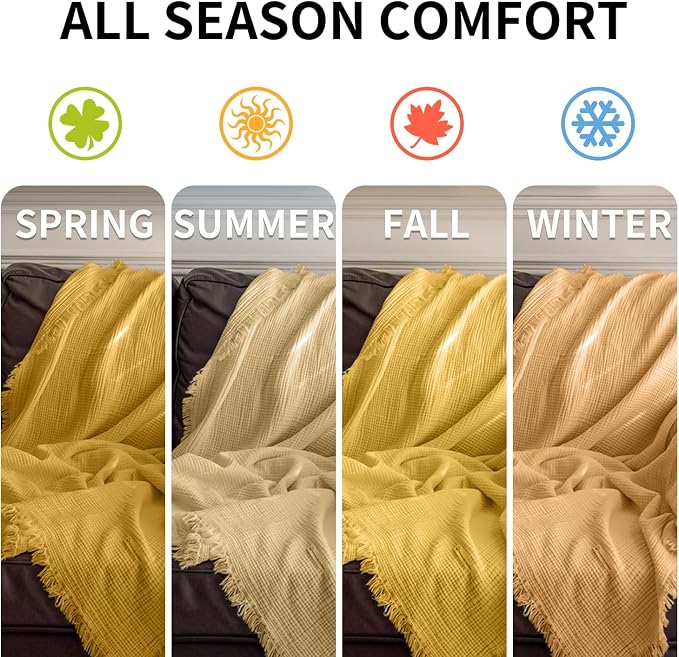 50x70 in Muslin Blanket for Adults, 6 Layer Gauze Blanket Throw | 100% Cotton muslin blanket Lightweight, Breathable & Soft, Twin 50"x70, All-Season Throw for Bed, Couch, or Travel
