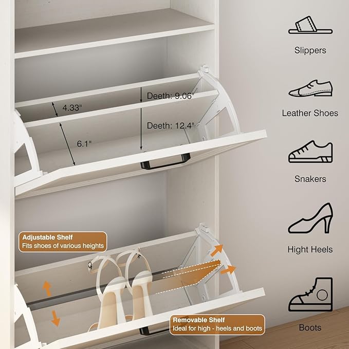 Shoe Storage Cabinet with 2 Flip Drawers, 24" W Farmhouse Modern Hidden Shoes Rack Cabinet with Adjustable Shelves & Open Storage, Narrow Slim Shoe Organizer for Entryway, Hallway, Antique White