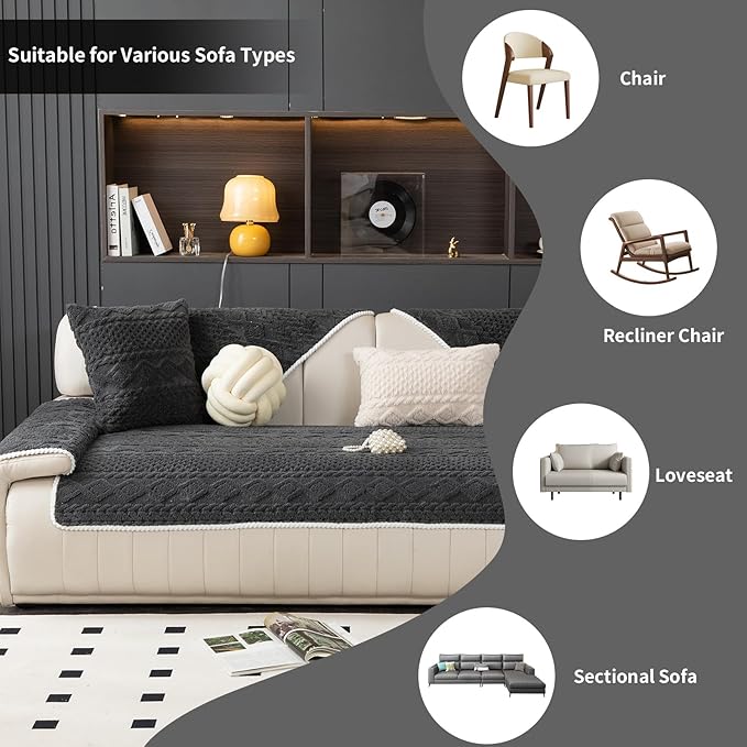 Geometric Jacquard Plush Warm Sofa Couch Cover, Soft Funny Fuzzy Couch Covers, Non Slip Sectional Sofa Slipcover, Cozy Washable Furniture Protector for Kids, Pets (Dark Grey, 36"x 71")