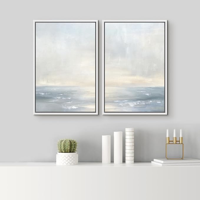 SIGNLEADER Framed Canvas Print Wall Art Set Minimalist Ocean Horizon Soft Blue Coastal Seascape Illustrations Modern Relax/Calm for Living Room, Bedroom, Office - 16"x24"x2 WHITE