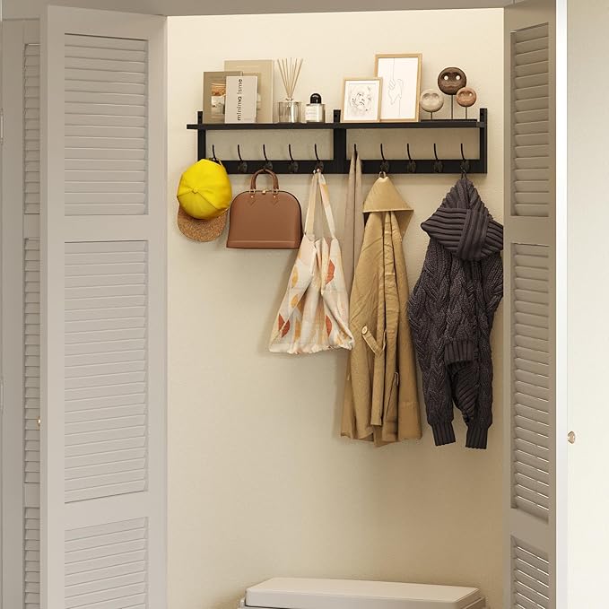 AMBIRD 34.2" Extra Long Wooden Wall Hook Rack with Shelf - Versatile and Decorative Wall-Mounted Storage with 10 Hooks for Coats, Hats, Keys - Ideal for Entryways, Bedrooms, Closets (Stylish Black)