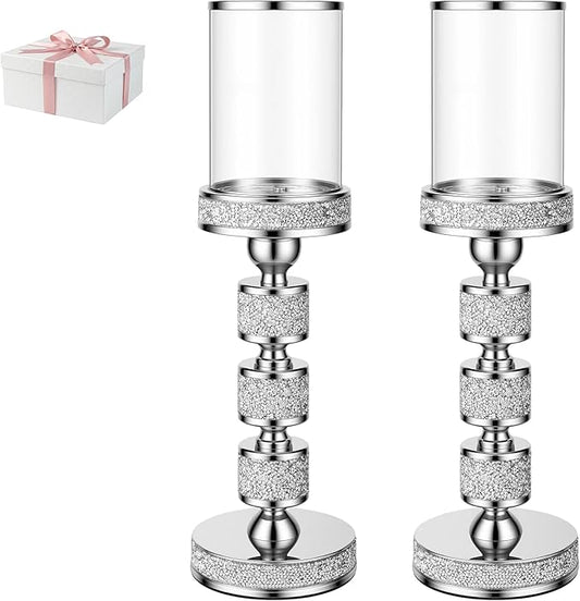 Hurricane Candle Holder, 15.9" Tall Metal Candle Stand, Glass Pillar Candle Holders, Crystal Silver Decorative Centerpieces for Table, Wedding and Dining Room (Fits Candles up to 3"x5", 2pcs, L)