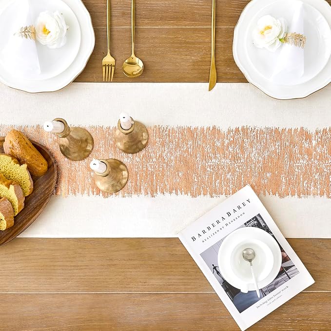 Metallic Style Table Runner, Cotton and Linen Rose Gold Table Runners 36 inches Long,Pre-Pressed Metal Striping Process, Birthday Wedding Decorations for Living Room Decor(Rose Gold, 13"x36")