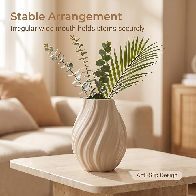 Modern White Ceramic Vase,Nordic Boho Geometric Striped Round Decorative Vase for Living Room,Shelf, Wedding&Dining Table Centerpiece, Farmhouse Home Decor, Office Decoration (Coffee Brown)