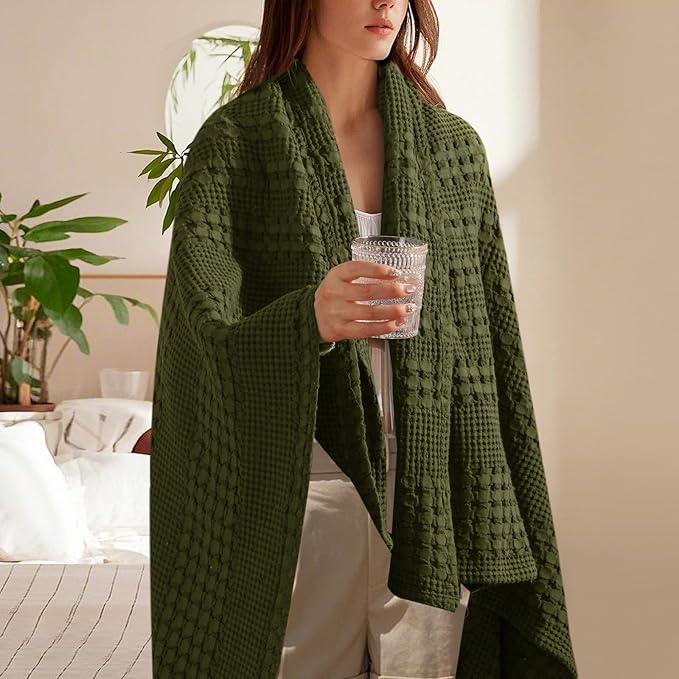 PHF 100% Cotton Waffle Weave Throw Blanket, Soft Lightweight Breathable Cozy Throws for Couch Bed Sofa, Luxury Aesthetic Blanket Gift for Home Decor & Office, 50"x60", Capulet Olive