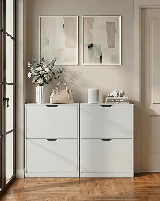 Shoe Cabinet Organizer with 2 Flip Drawers, Narrow Rack with Adjustable & Removable Shelves, Slim Shoe Storage for Entryway, Foyer, Hallway, White
