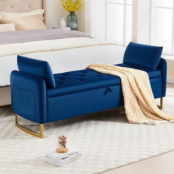 65" Storage Bench for Bedroom, Velvet End of Bed Bench, King Size Bed Benches for Foot with Tufted Button and Gold Legs, Upholstered Window Ottoman Benches with Armrests, Navy Blue