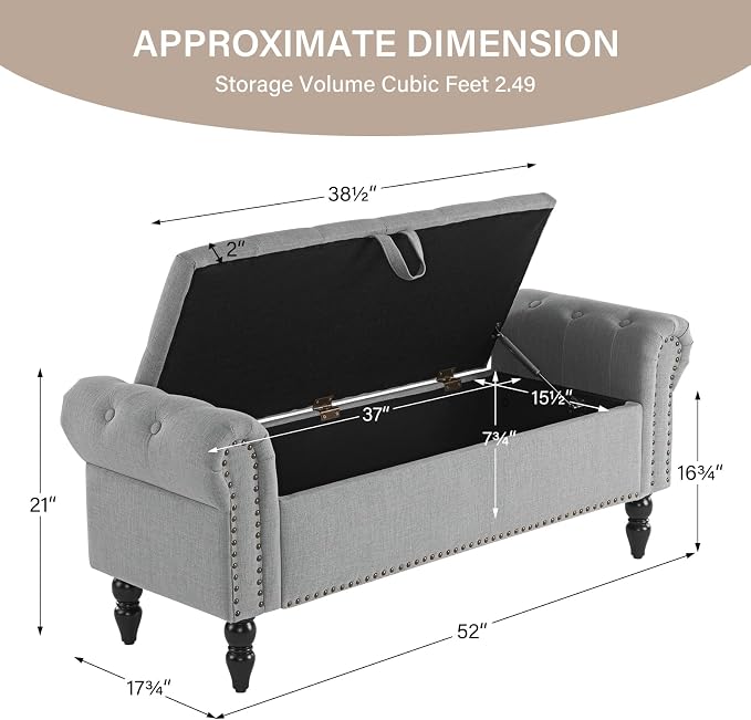 Furnimart Storage Ottoman Bench for Queen Size Bed, Faux Linen Upholstered Storage Bench Accent Bench with Rolled Arms for Bedroom,Living Room, Entryway, 2.5Cubic Feet