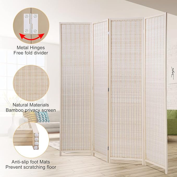 6ft Bamboo Room Divider Folding Privacy Screen 4 Foldable Panels Partition Wall Divider Freestanding Room Dividers Home Portable Partition Screen for Bedroom, Natural