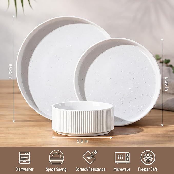 GBHOME Stoneware Dinnerware Sets for 4, 12 Pieces Ceramic Ribbed Plates and Bowls Set, Reactive Glaze Stackable Plate Sets, Scratch Resistant Dishes, Microwave & Dishwasher Safe, White