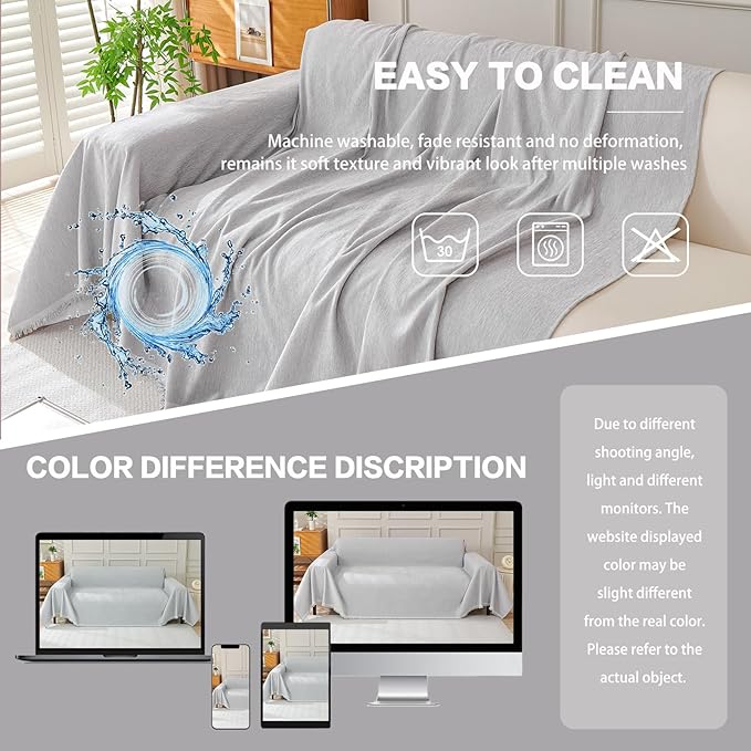 DREAMINGO Sofa Covers Washable Thick Chenille Couch Cover for 3 Cushion Couch Sofa Multi-Use Couch Cover Blanket Modern Pet Furniture Protector Sectional Couch Slipcover 71"x150", Light Grey