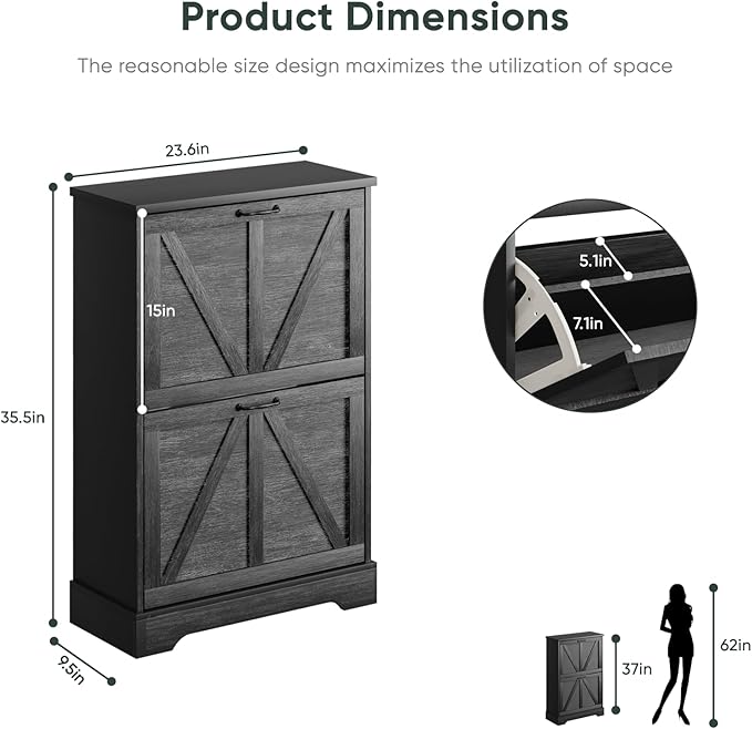 Smart FENDEE Shoe Cabinet, Shoe Storage Cabinet for Entryway with 2 Flip Drawers, Narrow Farmhouse Shoe Organizer Cabinet, Slim Shoe Rack Cabinet, 23.6in Black