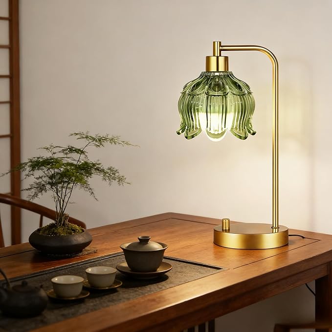 ILLMTW Glass Table Lamp Set of 2,Small Gold Bedside Lamps Dimmable Boho Bedroom Lamp with Tulip Flower Green Lamp Shade,Vintage Mid Century Modern Mini Nightstand Lamp for Bedroom Living Room