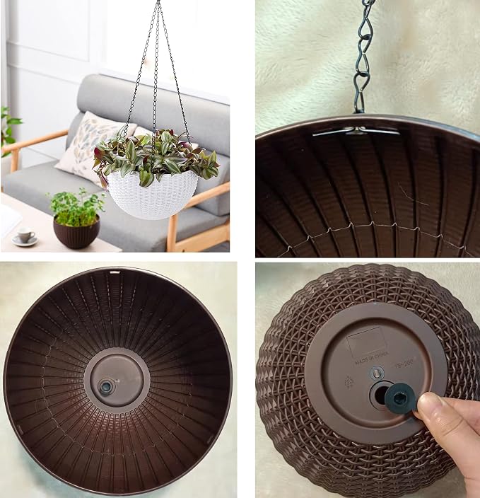 Hanging Basket Plastic Flower Pot Round Resin Garden Hanging Planter for Indoor Outdoor Plants 2 Pack Brown