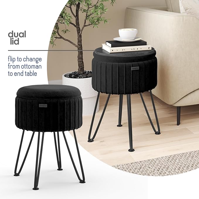 Round Ottoman with Storage, Pleated Velvet Storage Ottoman, Foot Stool Ottomans, Makeup Vanity Stool, Small Ottomans Foot Rest, Modern Vanity Stools for Living Room and Bedroom, Black