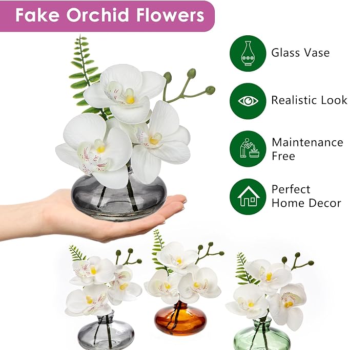 Oairse White Orchids Artificial Flowers Faux Orchids Arrangement in Black Glass Vases Set of 3 Real Touch Phalaenopsis Orchid Flowers Small Fake Orchid Centerpiece for Dining Room Table