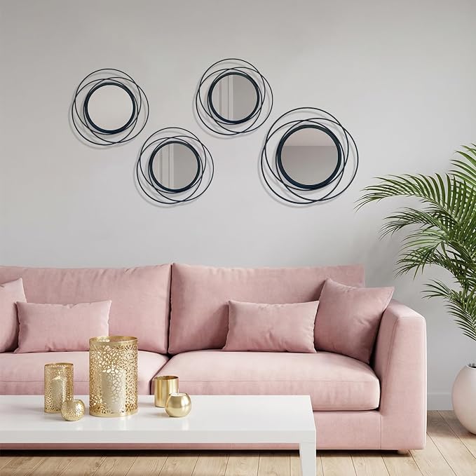 4 Piece Black Round Wall Mirror Set Modern Metal Circle Home Decor for Living Room Bedroom Entryway 11/9 in Decorative Mirrors Minimalist Wall Art for Home