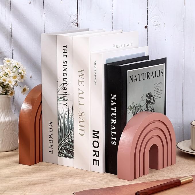 Set of 3 Pink Boho Shelf Decor Wood Arch Rainbow Room Decor Modern Wooden Arch Decoration for Shelf Table Mantel Book Ends Living Room Office Nursery Home Aesthetic Decorations