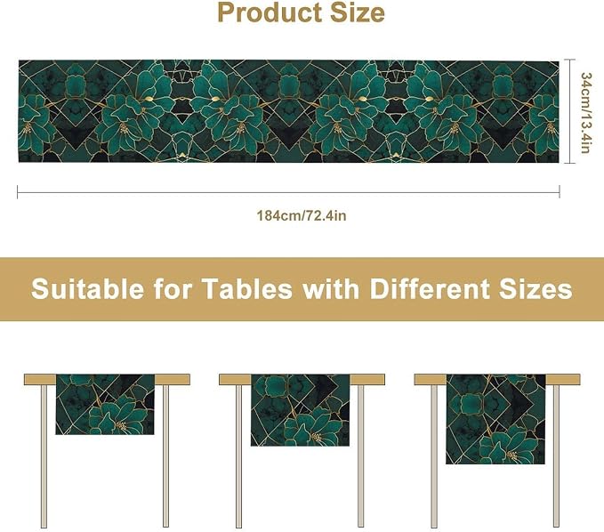 Emerald Marble Table Runner, Dark Green Abstract Flowers Accent Table Runner for Kitchen Dining Party Wedding Decor, 13x120 Inch