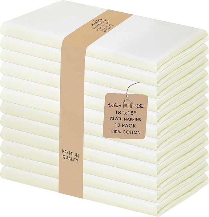 Urban Villa Cloth Napkins 100% Cotton Highly Absorbent Washable Durable Reusable Premium Dinner Napkins Ideal for Gifts for Mothers Day Hotel Farmhouse Parties - Ivory (18" x 18", Set of 12)