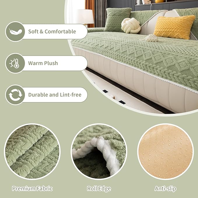 Plush Warm Couch Covers, Sectional Couch Cover Washable, Funny Fuzzy Pet Couchs Covers for Sofa, Non-Slip Couchs Protector for Dogs, Cozy Sofa Cover for Pet & Kid (1PC, Green, 36"×94")