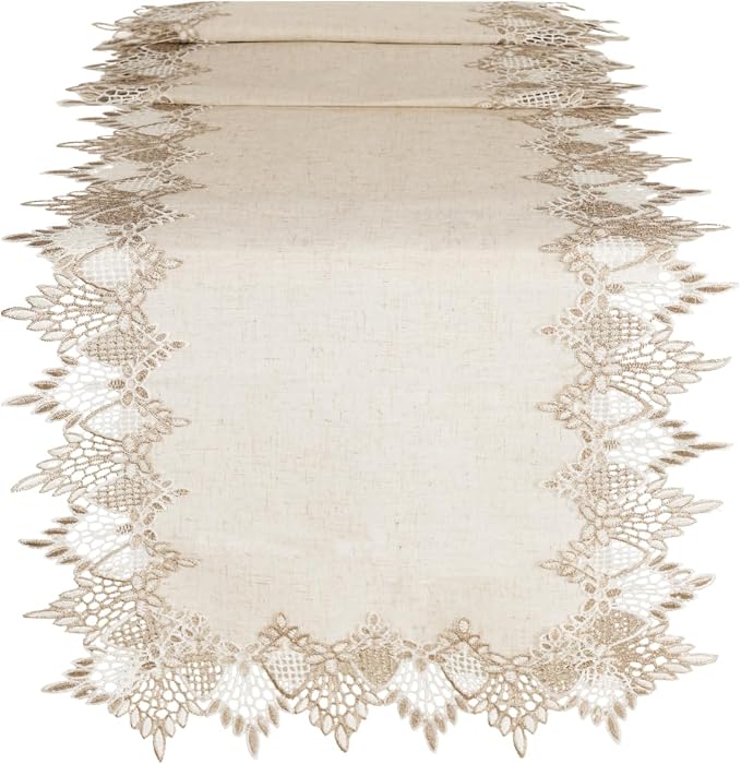 Phantomon Neutral Linen Table Runner 72 Inches Beige Embroidered Runner Lace Centerpiece for Dresser Tops, Dining Tables, Coffe Table and Home Decorations for Farmerhouse (Beige, 16 X 72 Inch)