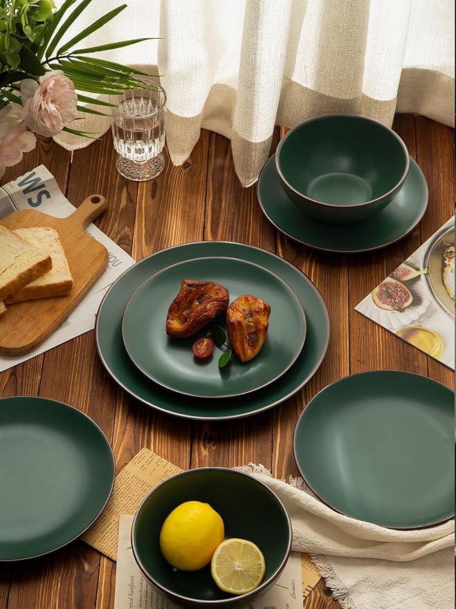 Famiware Venus 12-Piece Plates and Bowls Sets for 4, Stoneware Dinnerware Set with Trim, Modern Minimalist Dishes for Everyday & Formal Use, Chip Resistant, Microwave/Dishwasher Safe, Matte Dark Green
