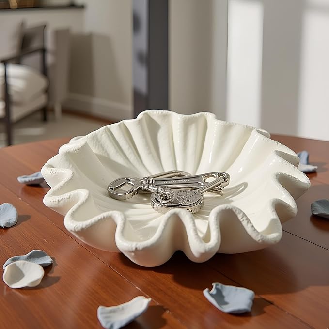 10" Large Handmade Decorative Bowl decor, Handicraft Scalloped Bowls for Modern Home Decor,Ruffle Decor,Key Bowl for Entry Table,Decorative Fruit Bowl for Kitchen Counter,Light Gray