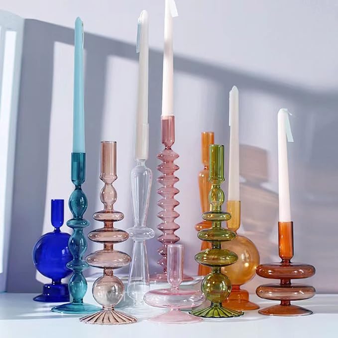 Glass Candlestick Holders Colorful Glass Taper Candle Stand Modern Elegant Candle Stick Candle Holder Glasses Vase Decor for Home Party Centerpiece(Purple A)