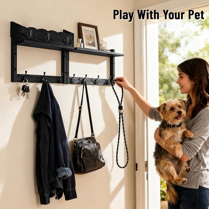 28" Coat Rack Wall Mount with Shelf, Entryway Key Holder Wall Mount Wood Wall Coat Hooks with 7 Hooks 3 Key Hanger, Wall Mounted Coat Rack Mail Holder for Living Room, Bedroom
