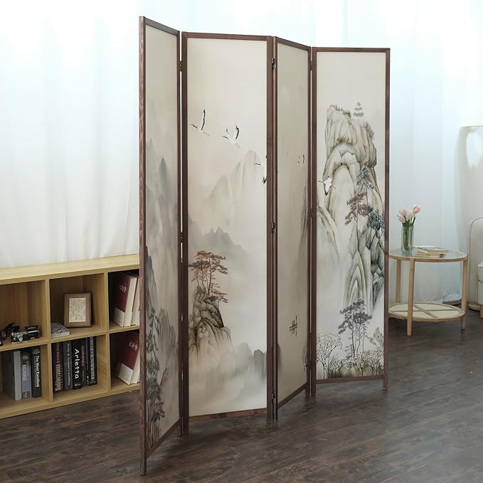 Furnnylane 4 Panel Room Divider, 5.6 ft Tall Double-Sided Blackout Folding Privacy Screen – Freestanding Wall Partition with Mountains and Waters Landscape for Home Office, Easy Setup (67" H x 63" W)