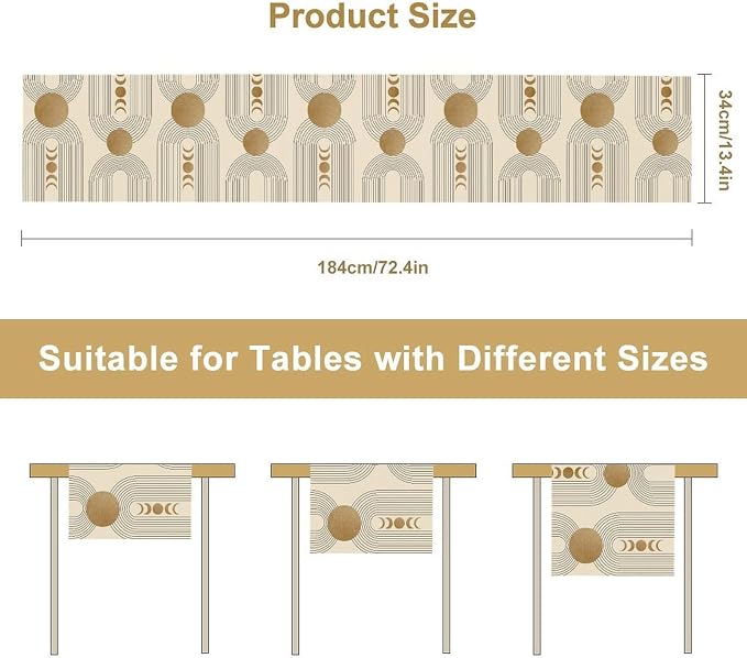 YCness Boho Table Runner Mid Century Modern Style Abstract Geometrical Gold Round Sun Moon Table Runner for Party Dining Living Room Kitchen Home, 13x108 Inch