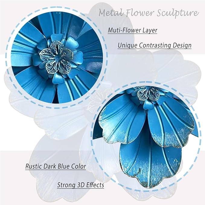 Metal Flower Wall Sculpture, 9.5" Rustic Modern Artwork Distressed 3D Layered Vintage Iron Flower Wall Hanging Accent for Indoor Kitchen, Bedroom Living Room Office Outdoor Garden Patio Decor (Blue)