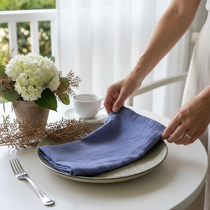 Linen Napkins –100% French Flax – Stonewashed Pure Linen Cloth Napkins - Size 18 Inch x 18 Inch – Set of 4 (Soft Rustic Blue)