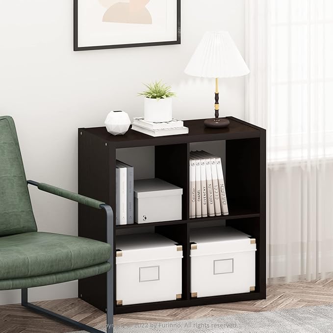 Furinno CUBICLE Book Shelf, 4-Cube Bookshelf, Extra Thick Frame Reversible Bookcase with Open Back, 14.6" x 30" x 30", for Living Room, Bedroom, Home Office, Black Dark Oak