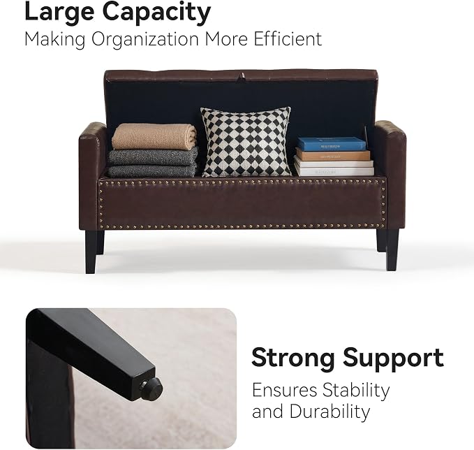 WUTUTUEE 47" Modern Water-Resistant Faux Leather Storage Ottoman Bench with Wooden Legs, Upholstered End of Bed Bench for Bedroom, Living Room or Entryway, Dark Brown