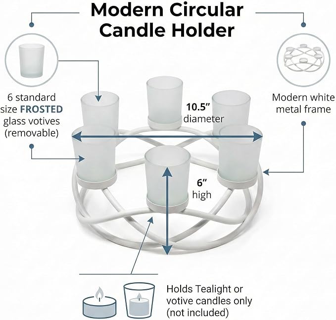 Seraphic Tealight Candle Holder Centerpieces for Wedding Decor, White | Wedding & Event Centerpiece, Round Wrought Iron 6 Votive Cups, Patio & Dining Table Decor, 10.5in Round