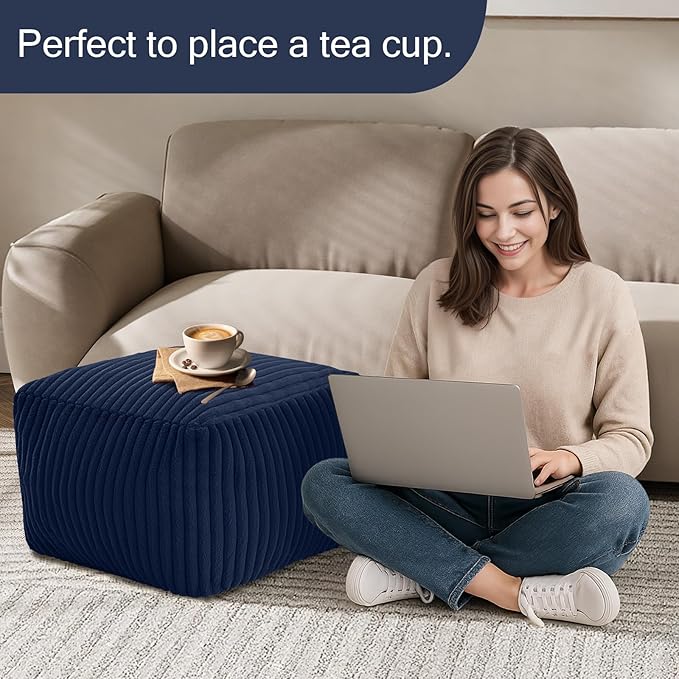 MeMoreCool Square Stuffed Pouf Ottoman Foot Rest, Stripe Furry Floor Pouf Foot Stool with Foam Chunk Filling, Soft Fluffy Stuffed Ottoman Footrest for Living Room, Faux Fur Navy