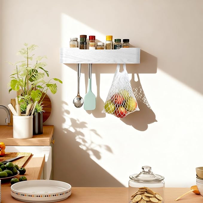 Coat Rack Wall Mount with Shelf Entryway Shelf Modern Key Holder Hanger Wall Shelves with Hidden Hooks for Hanging Towels Coats Hats Bags for Hallway Bathroom Bedroom (White, 4 Hooks)