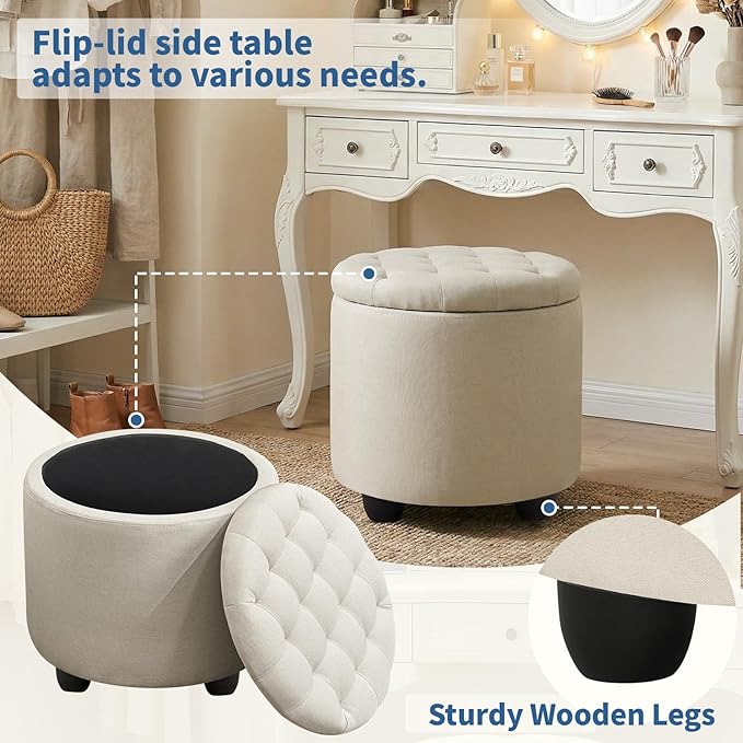 Furniliving Modern Round Storage Ottoman,Button Tufted Ottoman Foot Stools Ottoman Footstool with Removable Lid Storage Ottoman for Living Room, Bedroom, Makeup Room，Beige